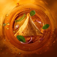 Delicious samosa recipe indian snack with mint leaves and onion rings food photography style shot