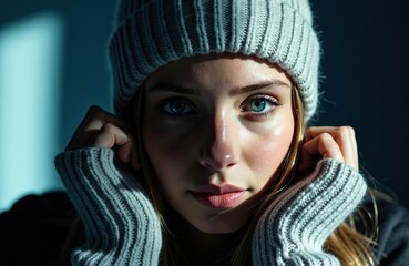 Woman wearing a knit beanie and sweater looking directly at the camera with a serious expression
