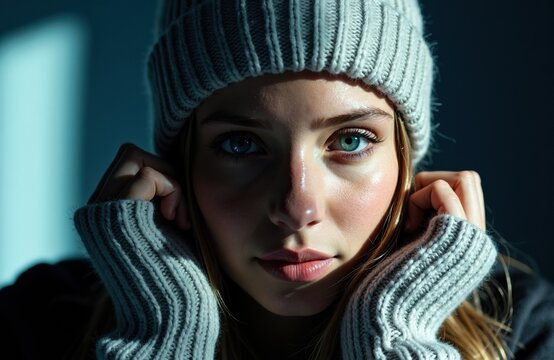 Woman wearing a knit beanie and sweater looking directly at the camera with a serious expression - Powered by Adobe
