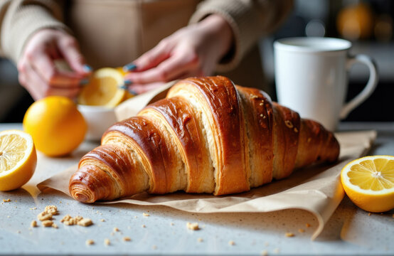 Freshly baked croissant with lemon slices and a cup of coffee on a breakfast table