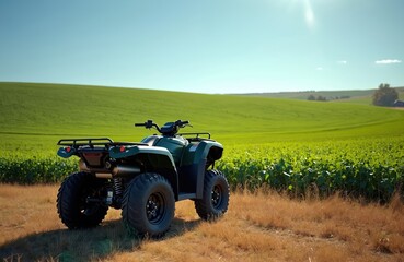 Naklejka premium Green ATV vehicle stands in dry grass field near bright green soybean crop under clear blue sky. Agricultural landscape with rolling hills and sunshine. Rural transport for farm work and outdoor fun.