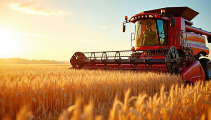 Fototapeta premium Red combine harvester works in golden wheat field at sunset. Agrarian machine cuts ripe crop during harvest season. Farmer drives vehicle on farm land.