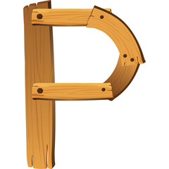 Wooden Letter P Crafted From Light Brown Planks Fastened With Dark Metal Screws Against A Transparent Background
