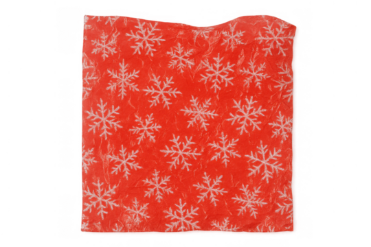 Crumpled red christmas wrapping paper piece with white snowflake pattern and texture, transparent background