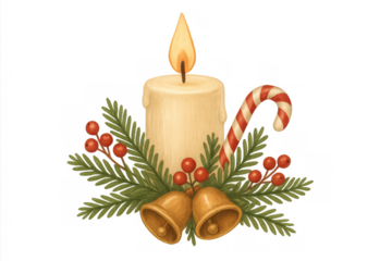 Christmas candle with pine branches, red berries, candy cane, and golden jingle bells celebrating holiday season