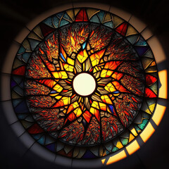Sunburst rose window &mdash; glowing stained-glass rosette, circular
