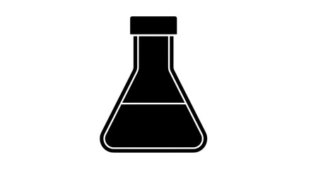 Black silhouette of a laboratory flask with a stopper filled with liquid on a white background representing scientific research and experimentation.