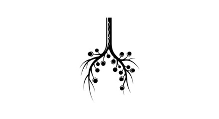 Stylized black and white illustration of a root system.
