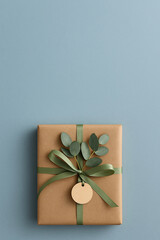 Eco-style holiday gift box with green ribbon and eucalyptus leaves