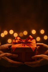Hands exchanging red gift box with satin bow in warm festive lighting
