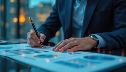 Man in suit reviews financial charts and graphs. Professional analyzes data on papers, plans business strategy. Focus on analytics, planning, and performance reporting.