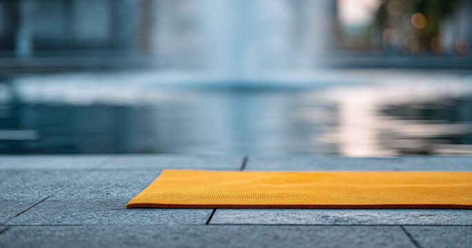 Close-up of orange yoga mat on stone pavement near water fountain with blurred background in outdoor setting