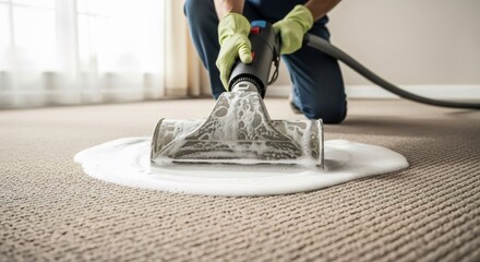 Professional cleaner deep cleaning a carpet with an extraction machine. Close-up of a worker using foam shampoo for stain removal. Home maintenance service.