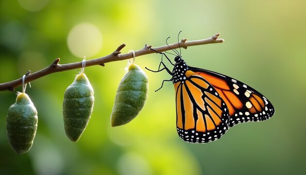 Monarch butterfly emerges from chrysalis on branch. Colorful butterfly with orange wings, black veins hangs near green cocoons. Nature scene with insect transformation from pupa to winged adult in