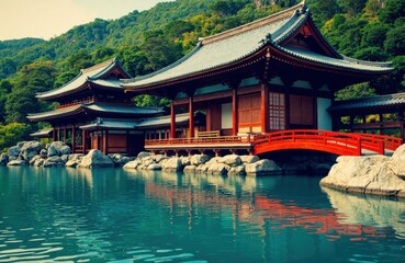 Fototapeta premium Traditional Japanese temple with curved roofs and red bridge reflected in tranquil water