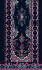 Intricate Paisley Textile with Floral Medallion and Ornamental Border in Blue, Pink, and Teal