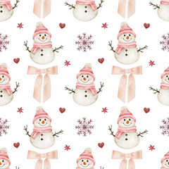 Watercolor seamless pattern with cute snowmen, bows, snowflakes, stars, hearts on white background. Perfect for Christmas wrapping paper, cards, textile and festive designs.