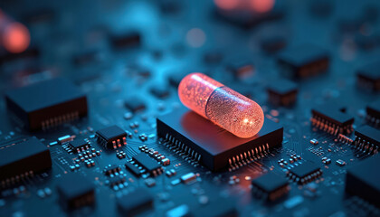 Digital glowing pill rests on modern circuit board microchip. Futuristic blue, red light illustrates advanced tech medicine, smart drug discovery, development processes. Represents AI in healthcare,