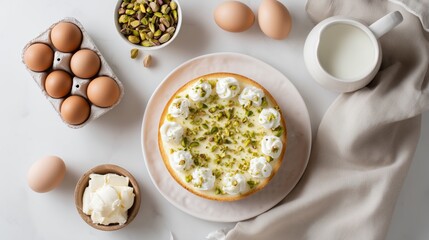 Overhead view of a baked cheesecake topped with crushed pistachios, surrounded by its ingredients: cottage cheese, eggs, and butter cubes.