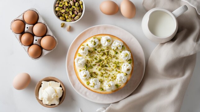 Overhead view of a baked cheesecake topped with crushed pistachios, surrounded by its ingredients: cottage cheese, eggs, and butter cubes.