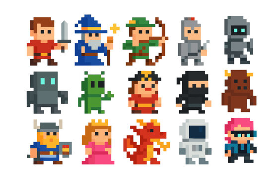 Classic 8-bit pixel art characters for retro gaming designs