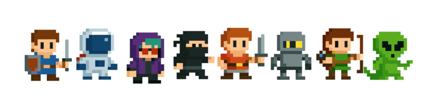 Retro pixel art characters collection featuring adventurers and creatures