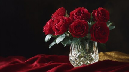 Dramatic low-key portrait of a bouquet of red roses in an ornate crystal vase, set on dark velvet fabric against a black background.