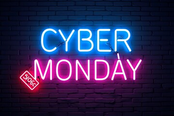 Bright neon cyber monday sale sign glowing on a brick wall background