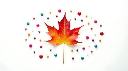 Vibrant autumn maple leaf surrounded by colorful droplets in a circular pattern