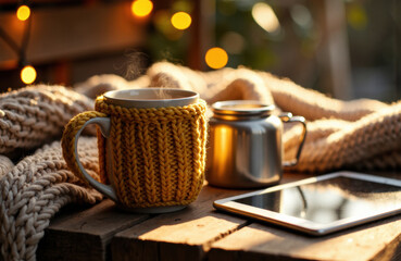 A cozy scene with a knitted mug cozy, a steaming cup, and a tablet on a rustic wooden table
