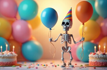Skeleton celebrating birthday. Bony figure wears party hat holding colorful balloons. Cake, confetti decorate fun scene. Perfect for Halloween, quirky greetings, spooky themes. Comic surreal death