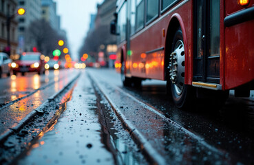Obraz premium Red bus traveling on wet city street with blurred traffic lights in the background