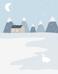 Fototapeta premium Minimalist Mountain Landscape. Tranquil Winter Scene with Cozy Cabin, Snowy Peaks, and Rabbit. Muted Gray and White Nordic Holiday Illustration
