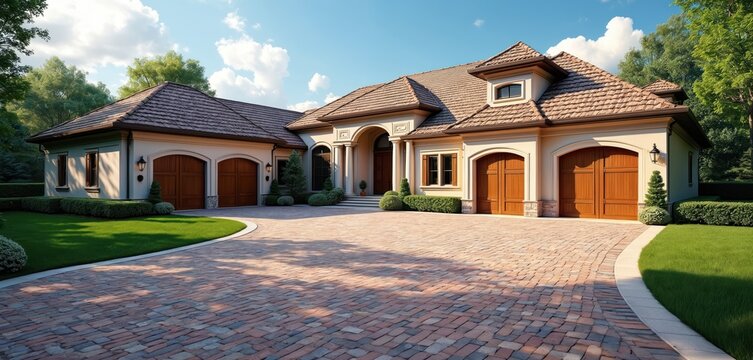 Luxury home exterior with beige stucco walls, tile roof. Features wide paved driveway leading to four car garage with arched wooden doors. Green lawn, manicured hedges surround impressive residence.