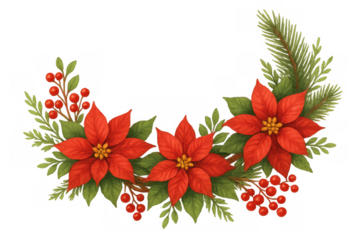 Poinsettia flower and red berry christmas garland with green pine branches, watercolor style festive holiday decor
