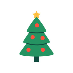 Vector illustration of a cute green Christmas tree with red ornaments and a yellow star on top, isolated on a white background. Classic festive object in flat style.