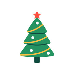 Vector illustration of a green Christmas tree with yellow garlands, white ornaments, and a red star on top, isolated on a white background. Festive holiday element in flat style.
