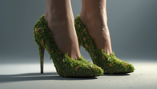 Photorealistic image of elegant high heels covered with natural moss, symbolizing harmony between nature and fashion.