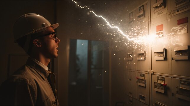 Electrician witnessing a dangerous short circuit from an electrical panel. Industrial accident with an arc flash and sparks. Workplace safety and hazard concept