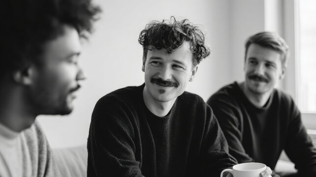 Three young men sitting together indoors having a friendly conversation and smiling in a casual social setting