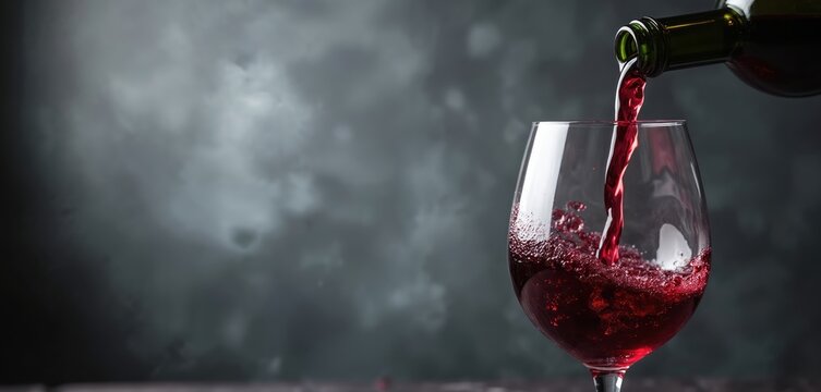 Red wine poured from bottle into crystal glass forming foam. Dark dramatic moody background for text and ads. Perfect for wine tasting events and luxury promotions.