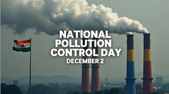 National pollution control day december 2 with indian flag and smokestacks