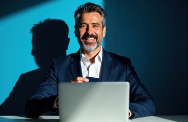 A confident businessman smiling while working on a laptop in a professional setting