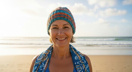 Happy smiling mature woman portrait on the beach. Active senior enjoying winter sea swim. Concept for healthy lifestyle, wellness, vitality, aging gracefully, and travel vacation.