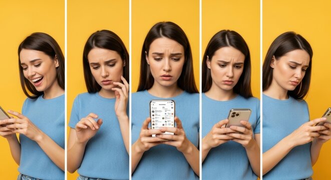 Emotional rollercoaster concept. Young woman's mood swings from happy to sad while using smartphone. Metaphor for bipolar disorder, mental health issues, cyberbullying or bad news.