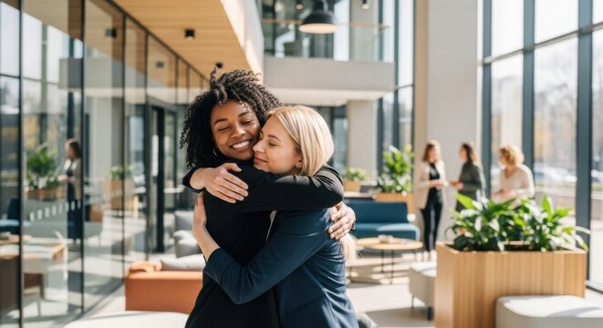 Two diverse businesswomen hugging in office. Multiracial colleagues embrace. Concept of support, teamwork, success, welcome, greeting, reconciliation, friendship, partnership. - Powered by Adobe
