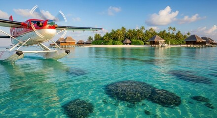 Seaplane arriving at a luxury tropical resort with overwater bungalows in the Maldives. Concept for exotic vacation, travel and adventure on a paradise island with turquoise water.