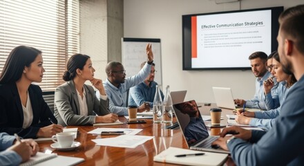 Diverse professional business team collaborating in modern office meeting room, brainstorming and discussing effective communication strategies, taking notes, using laptops.