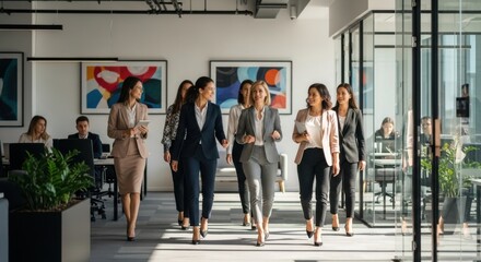 Group of successful businesswomen walking and talking in a modern office. Team of female professionals collaborating. Concept of women's leadership and career empowerment.