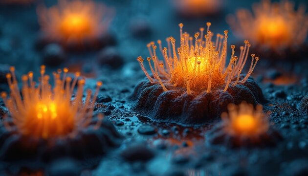 Microscopic view of glowing cellular organisms. Bioluminescent fungi with orange filaments grow on dark, wet surface. Abstract science background for biology, biotech research. Close up on microbes,